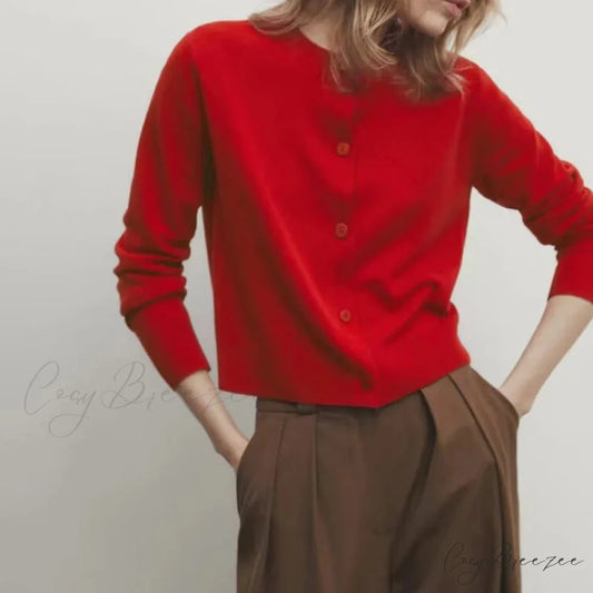 Red Knit Button Long Sleeve Cardigan Red / S