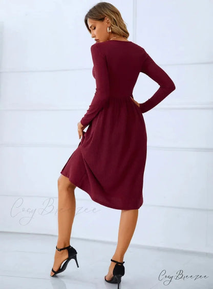 Red Long Sleeve Pleated Button Dress with Round Neck