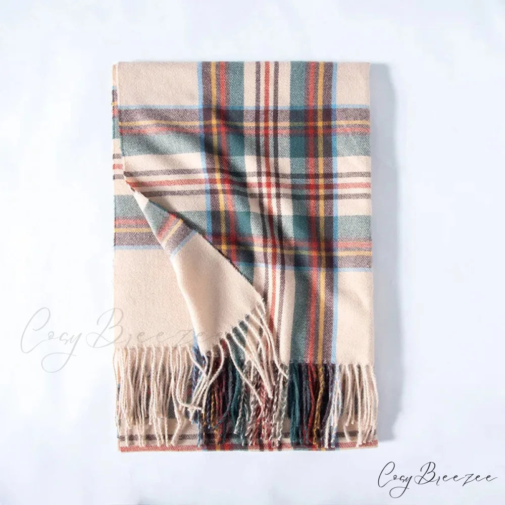 Red Plaid Cashmere Korean Style Fashion Warmer Hijab Pashmina Scarf for Women beige 2
