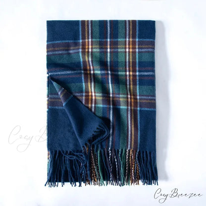 Red Plaid Cashmere Korean Style Fashion Warmer Hijab Pashmina Scarf for Women blue 2