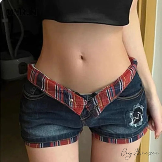 Red Plaid Low-Rise Booty Shorts Blue / XS short-250223