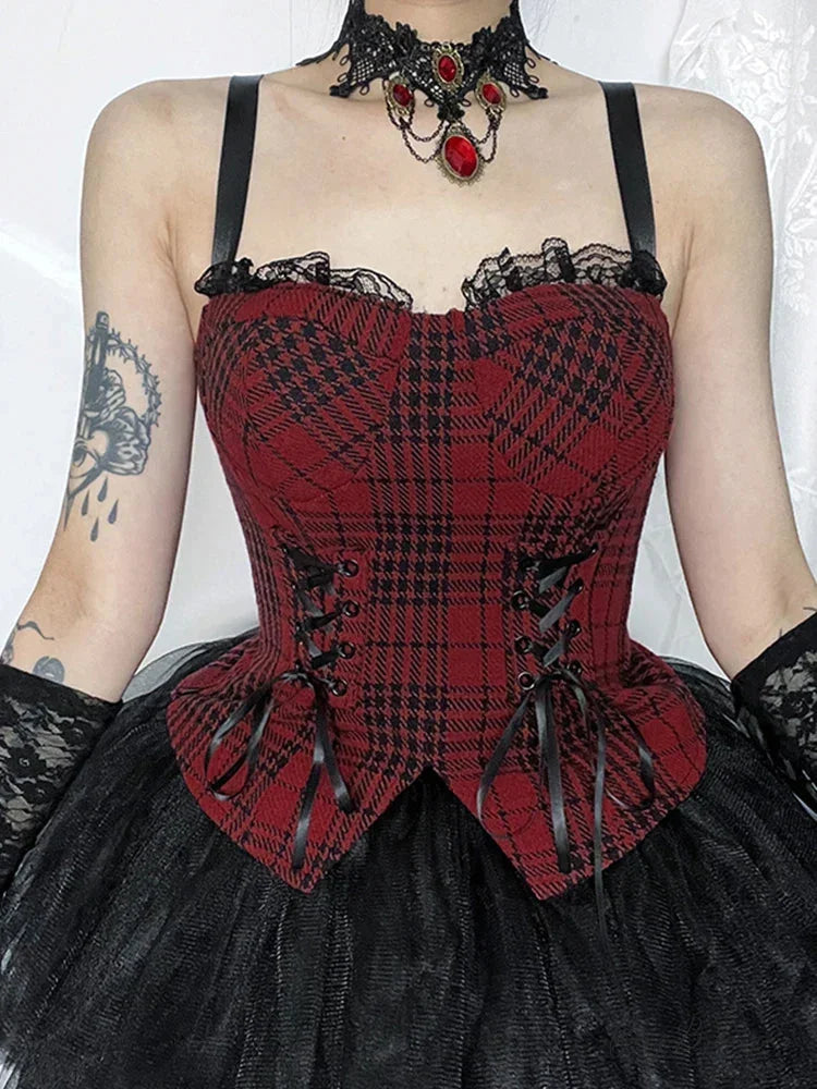 Red Plaid Patchwork Aesthetic Mall Goth Bandage Sleeveless Cropped Crop Top Red / S