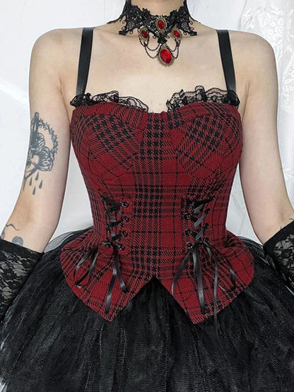 Red Plaid Patchwork Aesthetic Mall Goth Bandage Sleeveless Cropped Crop Top Red / S
