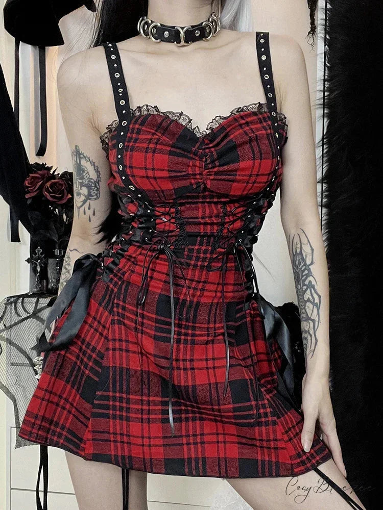Red Plaid Street Goth Fairy Grunge Y2K Pleated Lace-Up Tube Lolita Eyelet Corset Mini Dress Red / S