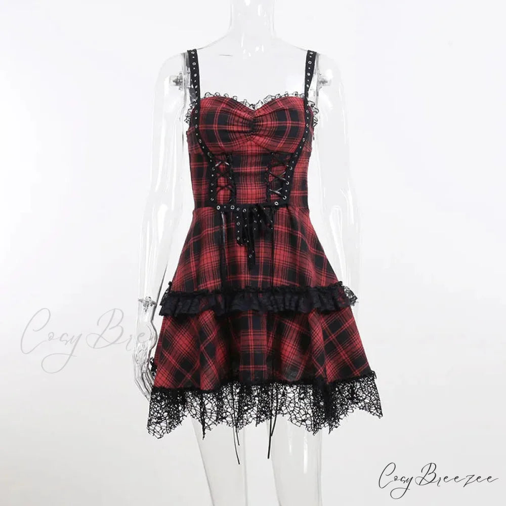 Red Plaid Street Goth Fairy Grunge Y2K Pleated Lace-up Tube Lolita Partywear Eyelet Corset Dress Red / S
