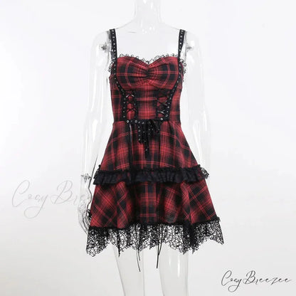Red Plaid Street Goth Fairy Grunge Y2K Pleated Lace-up Tube Lolita Partywear Eyelet Corset Dress Red / S