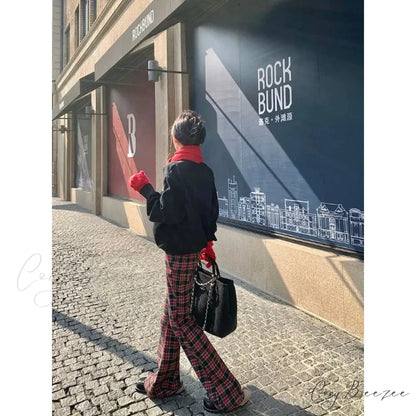Red Plaid Y2K Women Wide Leg Pants pants-241228