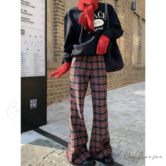 Red Plaid Y2K Women Wide Leg Pants red / S pants-241228