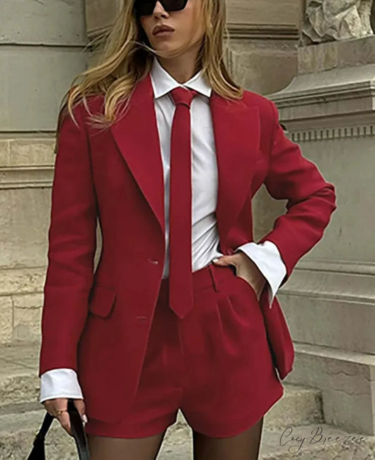 Red Pockets Tie Button Shorts Office Set Red / S officetwopieceset-250223