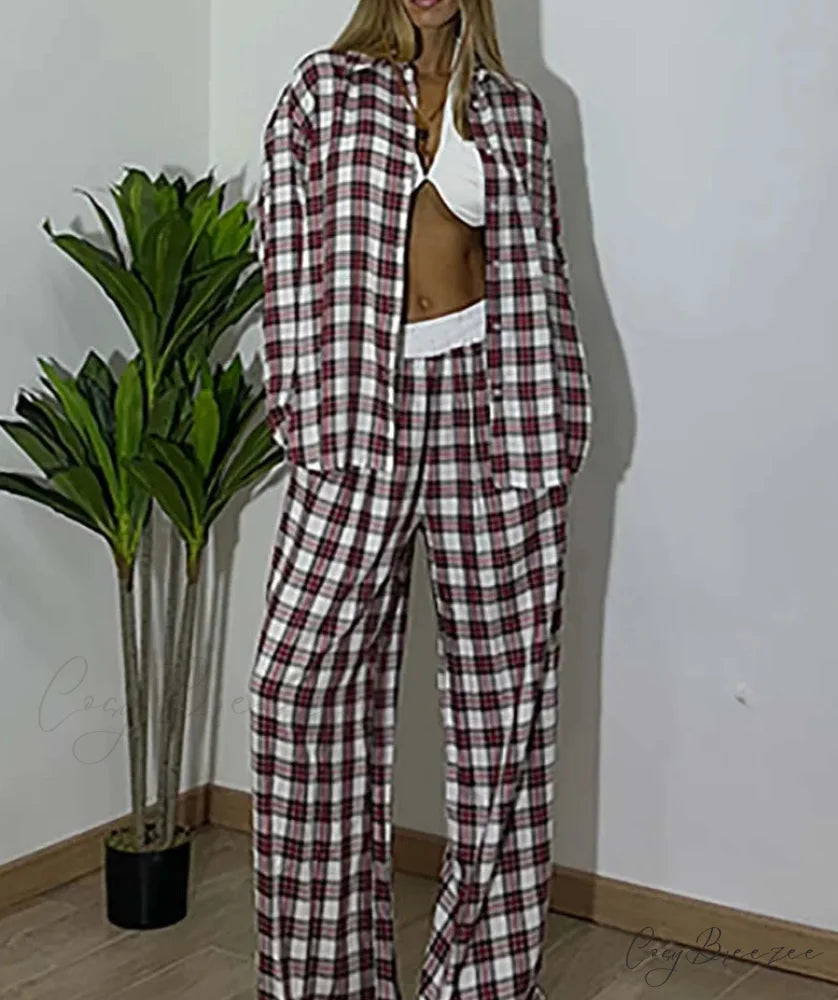 Red Print Button Shirt Trousers Office Set officetwopieceset-250223