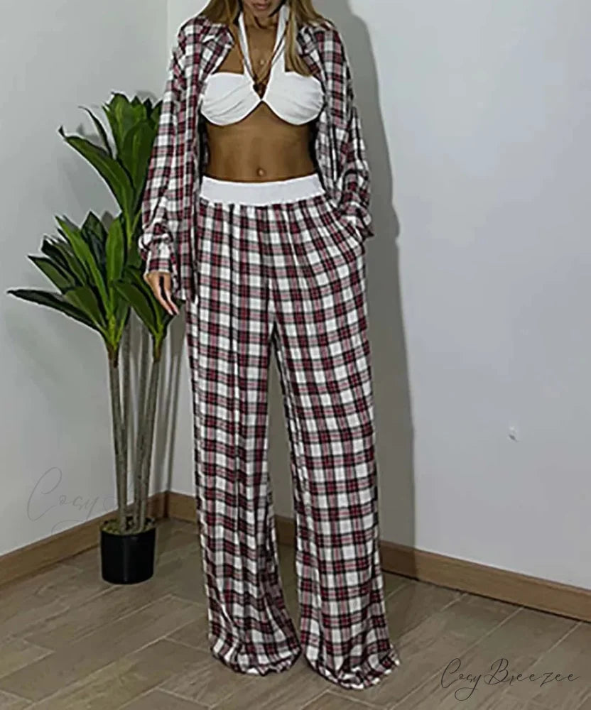 Red Print Button Shirt Trousers Office Set Red / S officetwopieceset-250223
