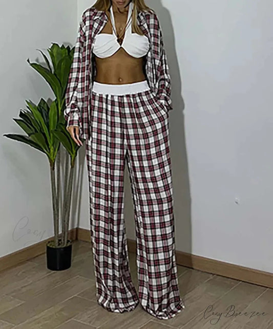 Red Print Button Shirt Trousers Office Set Red / S officetwopieceset-250223