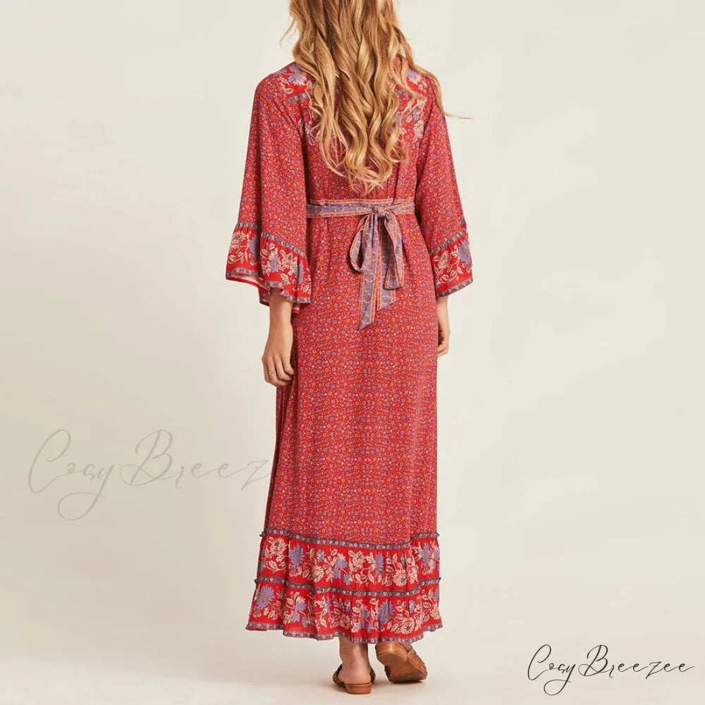 Red Rayon Floral Print V-neck Adjustable Belt Boho Dress bohodress-250126