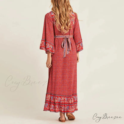 Red Rayon Floral Print V-neck Adjustable Belt Boho Dress bohodress-250126