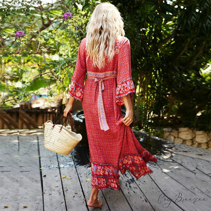 Red Rayon Floral Print V-neck Adjustable Belt Boho Dress bohodress-250126