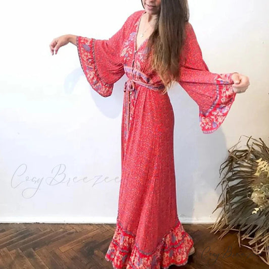 Red Rayon Floral Print V-neck Adjustable Belt Boho Dress bohodress-250126