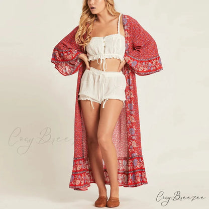 Red Rayon Floral Print V-neck Adjustable Belt Boho Dress bohodress-250126