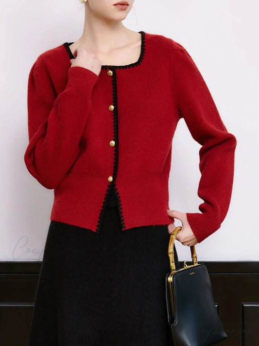 Red Retro Style Contrast Color Cardigan Red / XS