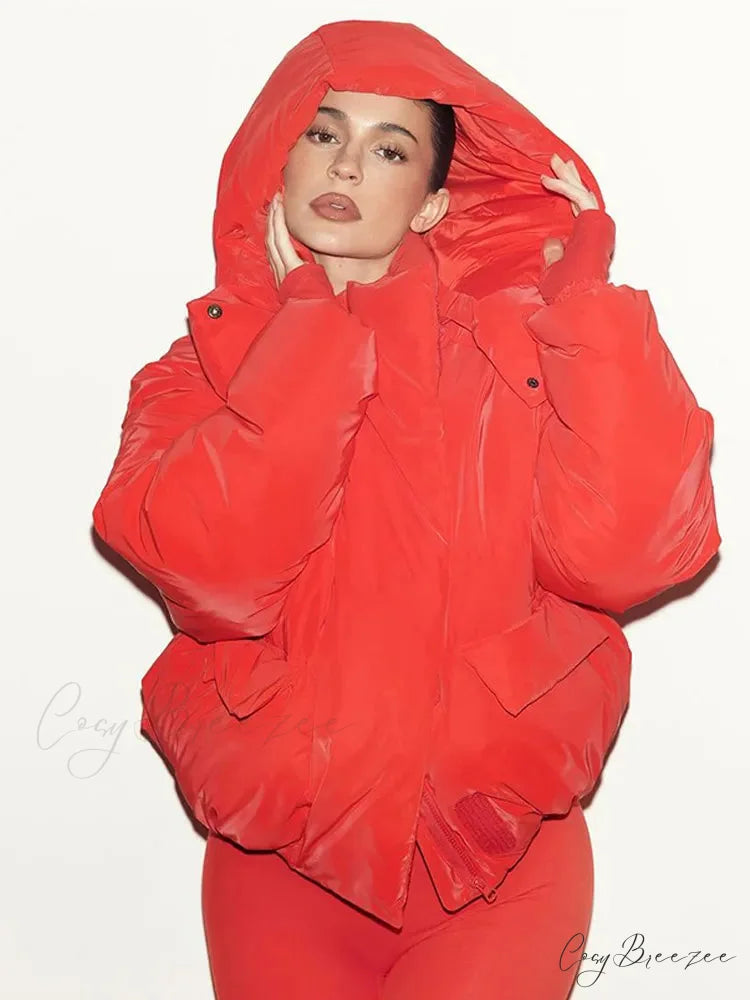 Red Stand Collar Zipper Cotton Coat Red / S
