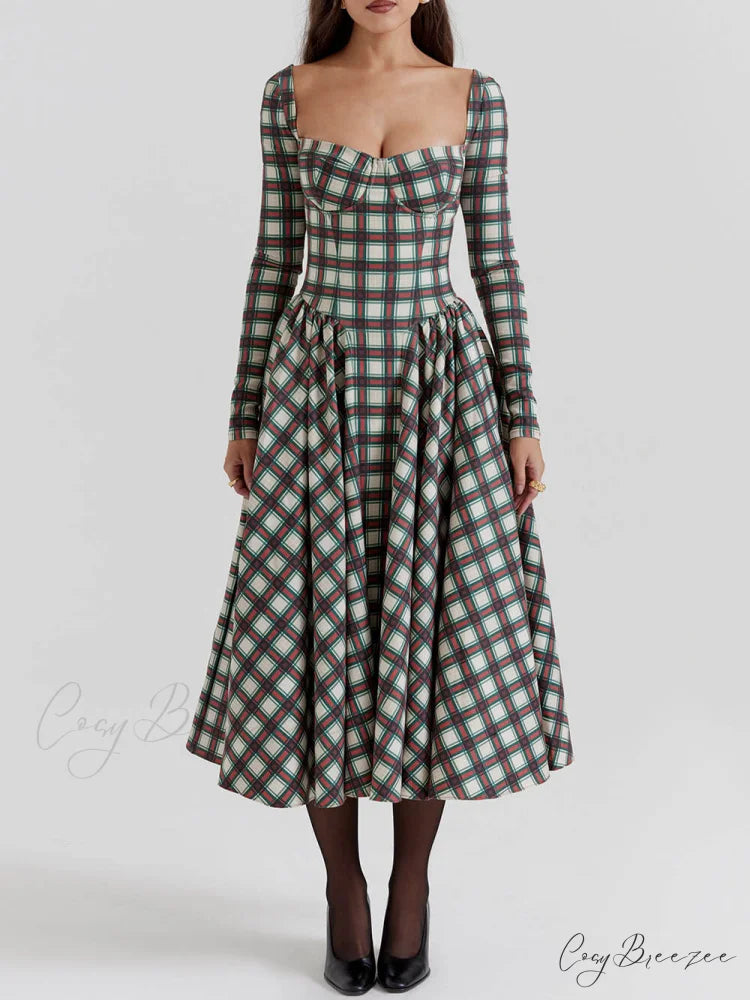 Red Tartan Stylish Corset Midi Dress Red / S