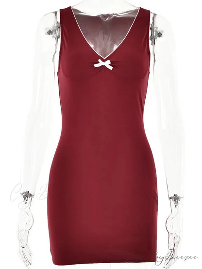 Red V-Neck Bow Charming Sleeveless Mini Dress Red / M