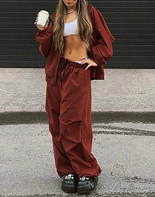 Red Zipper Drawstring Trousers Office Set Red / S officetwopieceset-250223