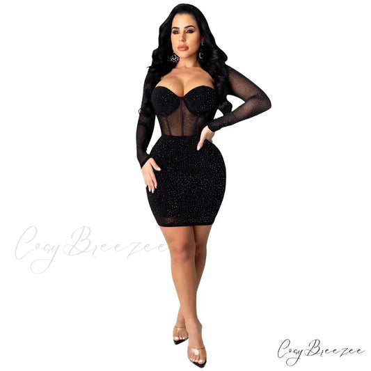 Reese Formal Heat Charming Stone Illusion Mini Dress BLACK / S
