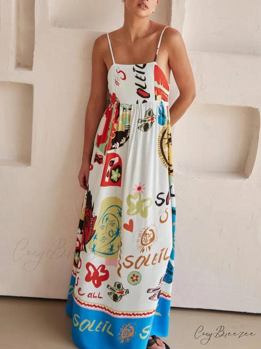 Refined Sensation Satin Charming Unique Print Maxi Dress White / S