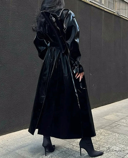 Reflective Patent Leather Trench Coat Black / S overcoats-241228