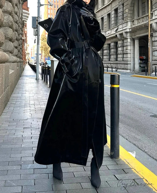 Reflective Patent Leather Trench Coat overcoats-241228