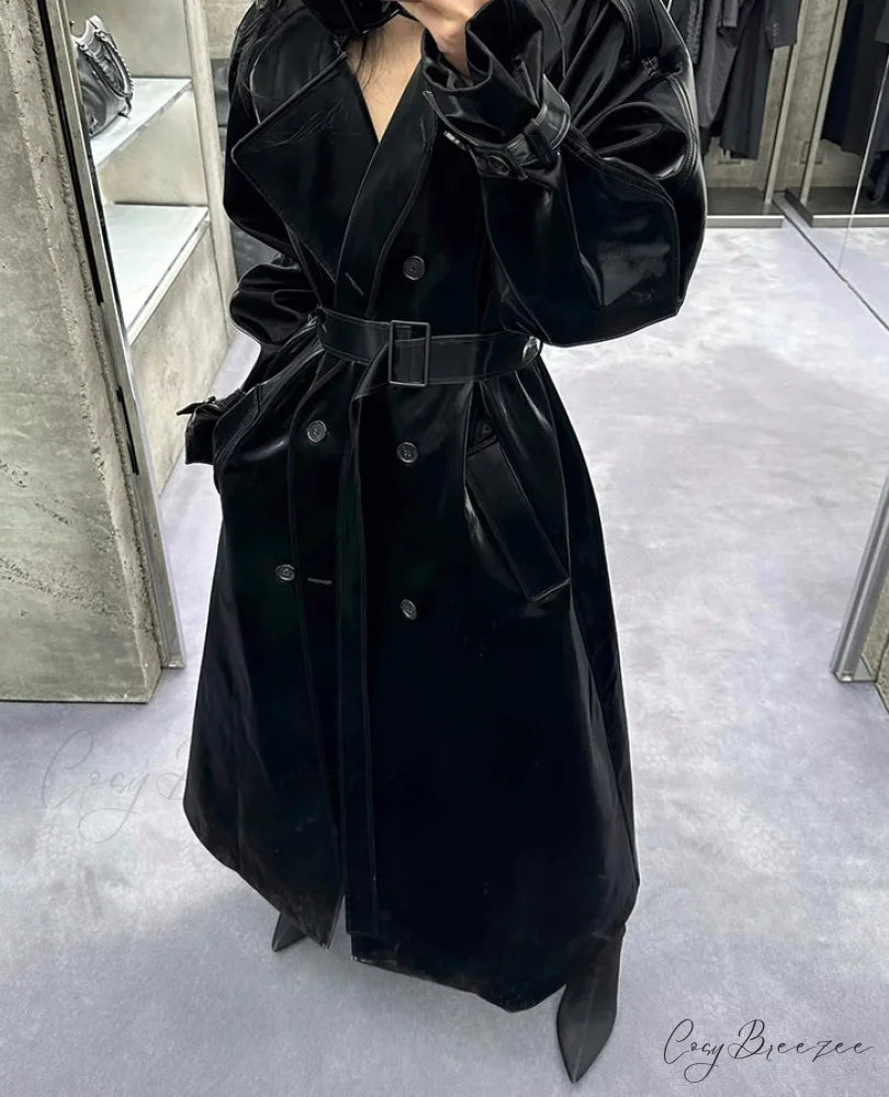 Reflective Patent Leather Trench Coat overcoats-241228