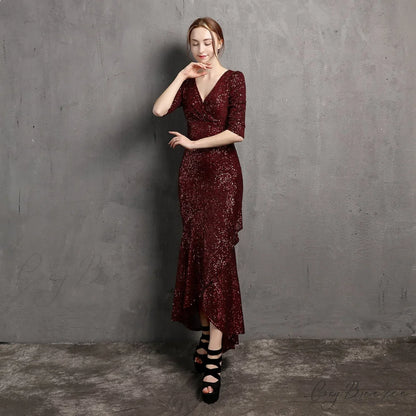 Rehami Sequin Stylish Mermaid Dress BURGUNDY / XS
