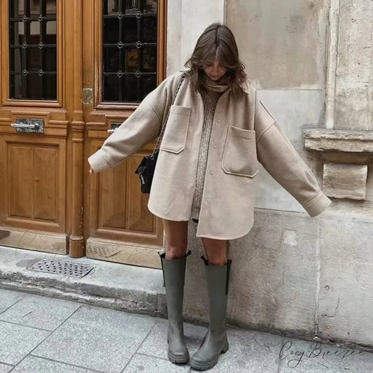 Relaxed Camel Woolen Loose Pocket Coat Camel / S overcoats-241228
