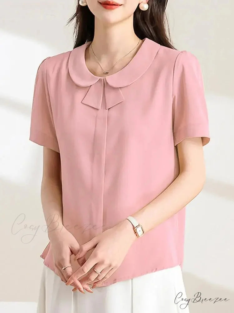 Relaxed Collar Plain Color Short Sleeve Blouse Pink / S blouse-250126