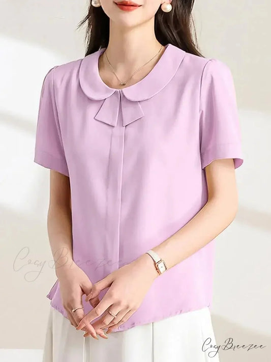 Relaxed Collar Plain Color Short Sleeve Blouse PURPLE / S blouse-250126