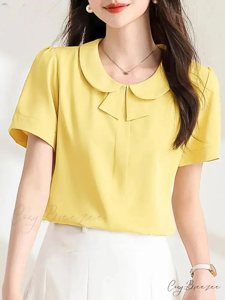 Relaxed Collar Plain Color Short Sleeve Blouse Yellow / S blouse-250126