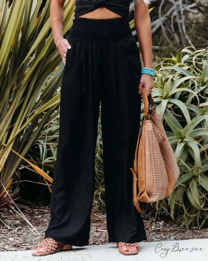 Relaxed Elastic Waist Linen Wide Pants Black / S pants-241228