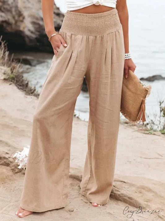 Relaxed Elastic Waist Linen Wide Pants Khaki / S pants-241228