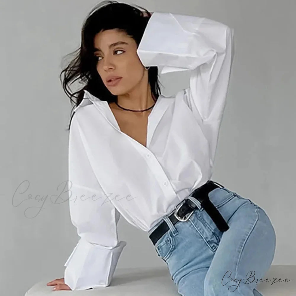 Relaxed Fit White Autumn Shirt Blouse blouse-250126