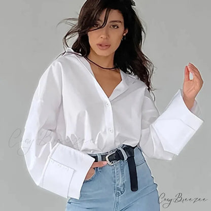 Relaxed Fit White Autumn Shirt Blouse blouse-250126