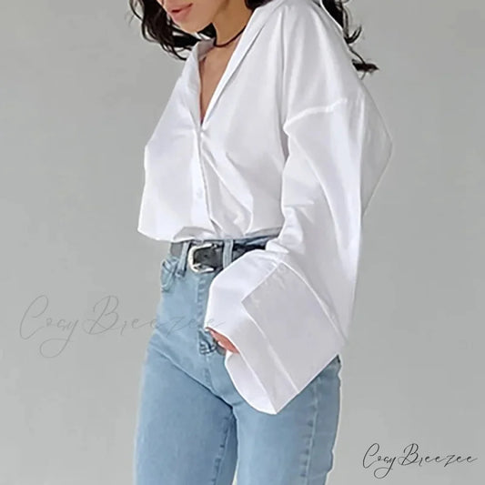 Relaxed Fit White Autumn Shirt Blouse blouse-250126