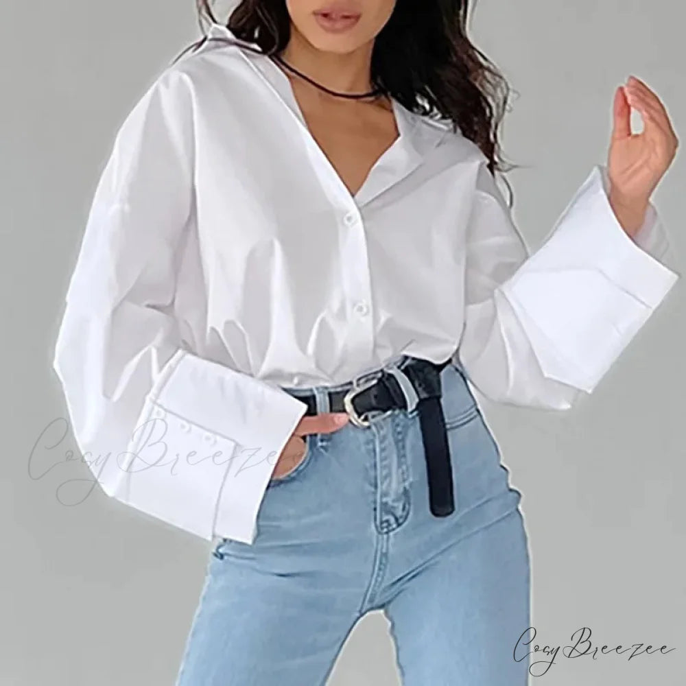 Relaxed Fit White Autumn Shirt Blouse WHITE / S blouse-250126