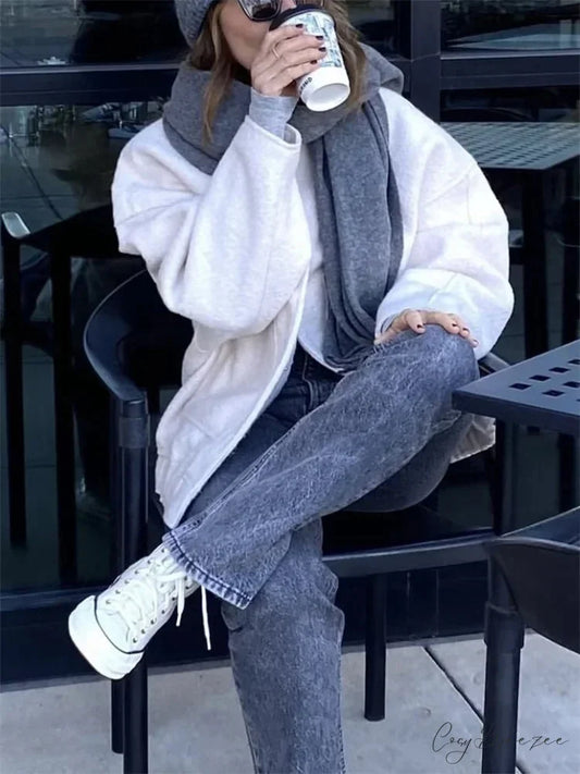 Relaxed Gray Cozy Baseball Jacket Coat Beige / S overcoats-241228