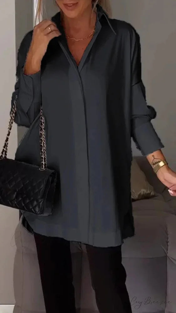 Relaxed Irregular Pullover Long Sleeve Blouse Black / S blouse-250126