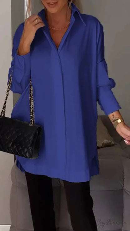 Relaxed Irregular Pullover Long Sleeve Blouse Blue / S blouse-250126