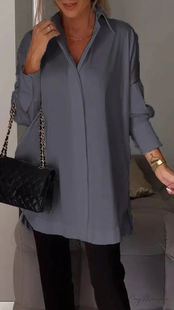 Relaxed Irregular Pullover Long Sleeve Blouse GRAY / S blouse-250126