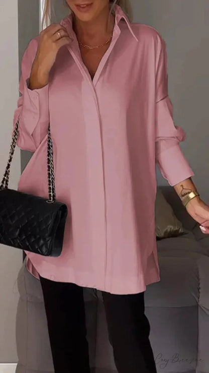 Relaxed Irregular Pullover Long Sleeve Blouse Pink / S blouse-250126