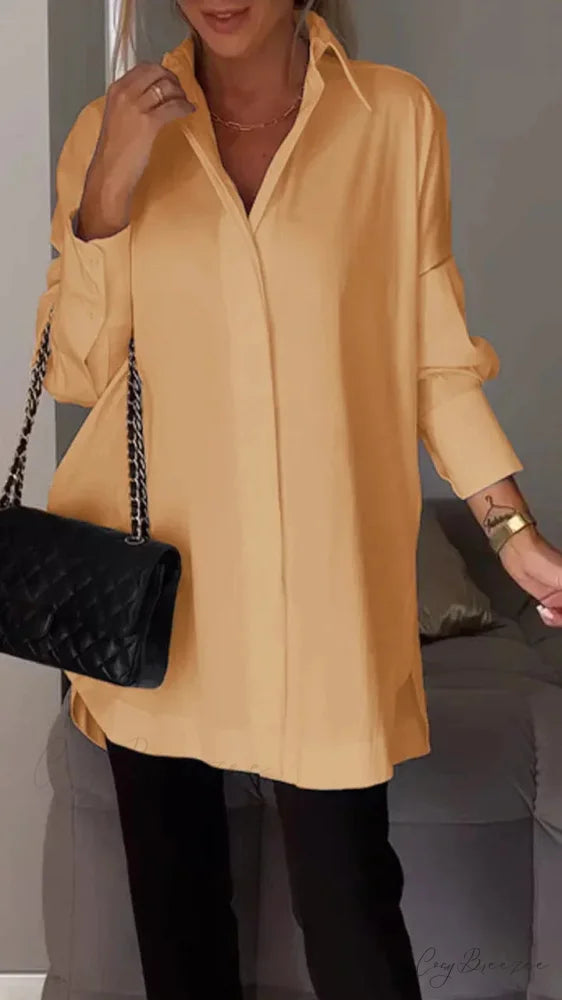 Relaxed Irregular Pullover Long Sleeve Blouse Yellow / S blouse-250126