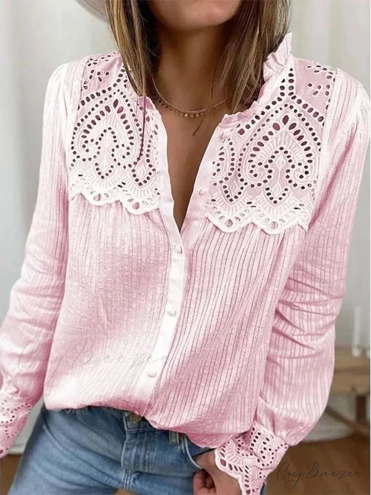 Relaxed Lace Crew-neck Oversized Blouse blouse-250126