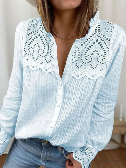 Relaxed Lace Crew-neck Oversized Blouse Light Blue / S blouse-250126